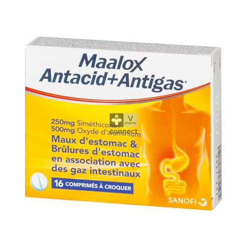 Maalox Antacid+antigas 250mg/500mg Kauwtabl 16