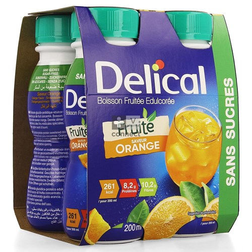 Delical Fruitdrink Gezoet Sinaasappel 4x200ml