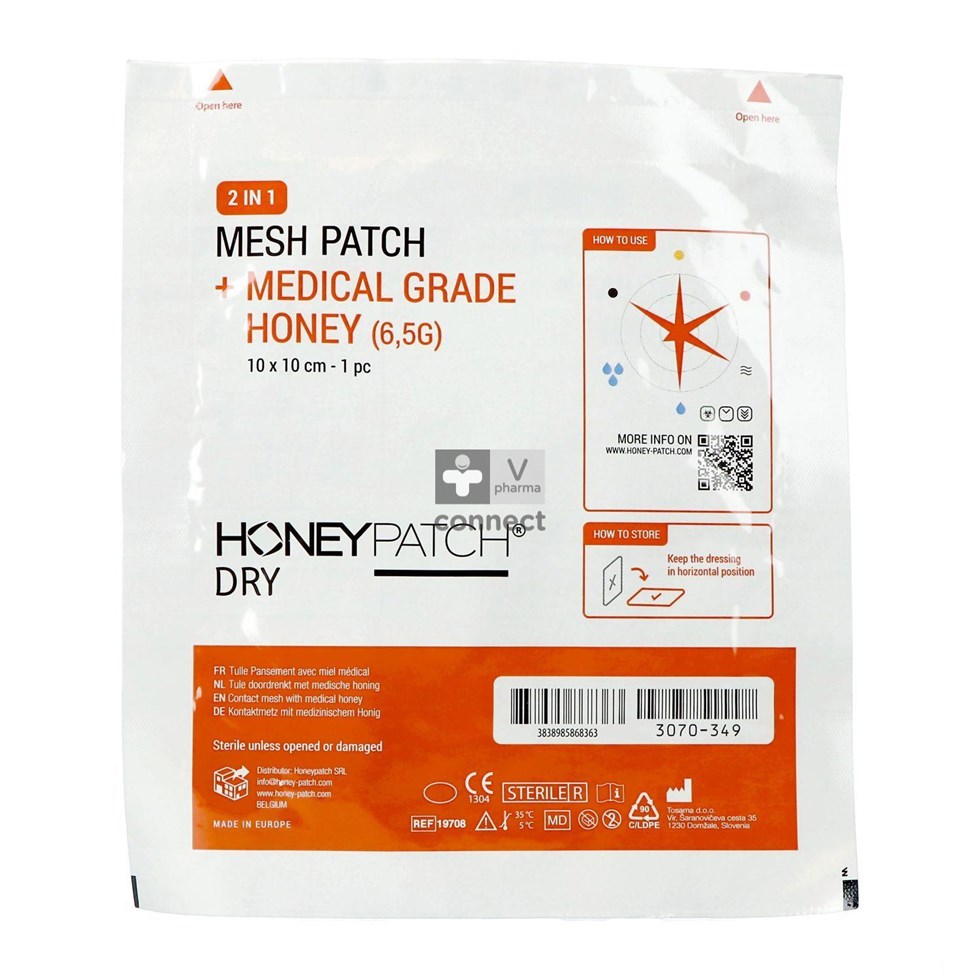 Honeypatch Dry Tulle doordrenkt met medicinale honing 10 x 10 cm