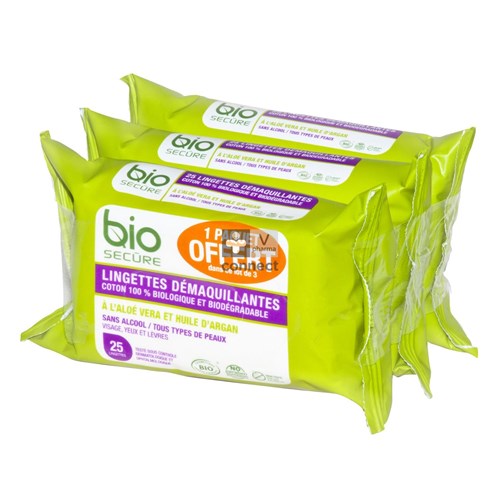 Bio Secure Lingettes Démaquillantes 3 x 25 Pièces Promo 2+1 Gratuit