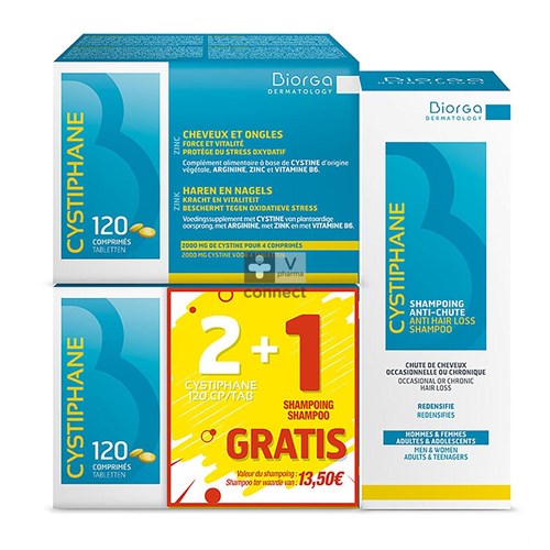 Cystiphane Biorga 2 x 120 Comprimés + Shampooing Anti-Chute 200 ml Gratuit