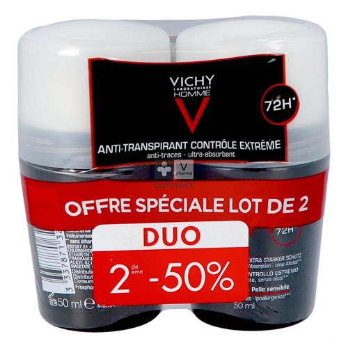 Vichy Homme Deo A/transp. 72u Roller Duo 2x50ml