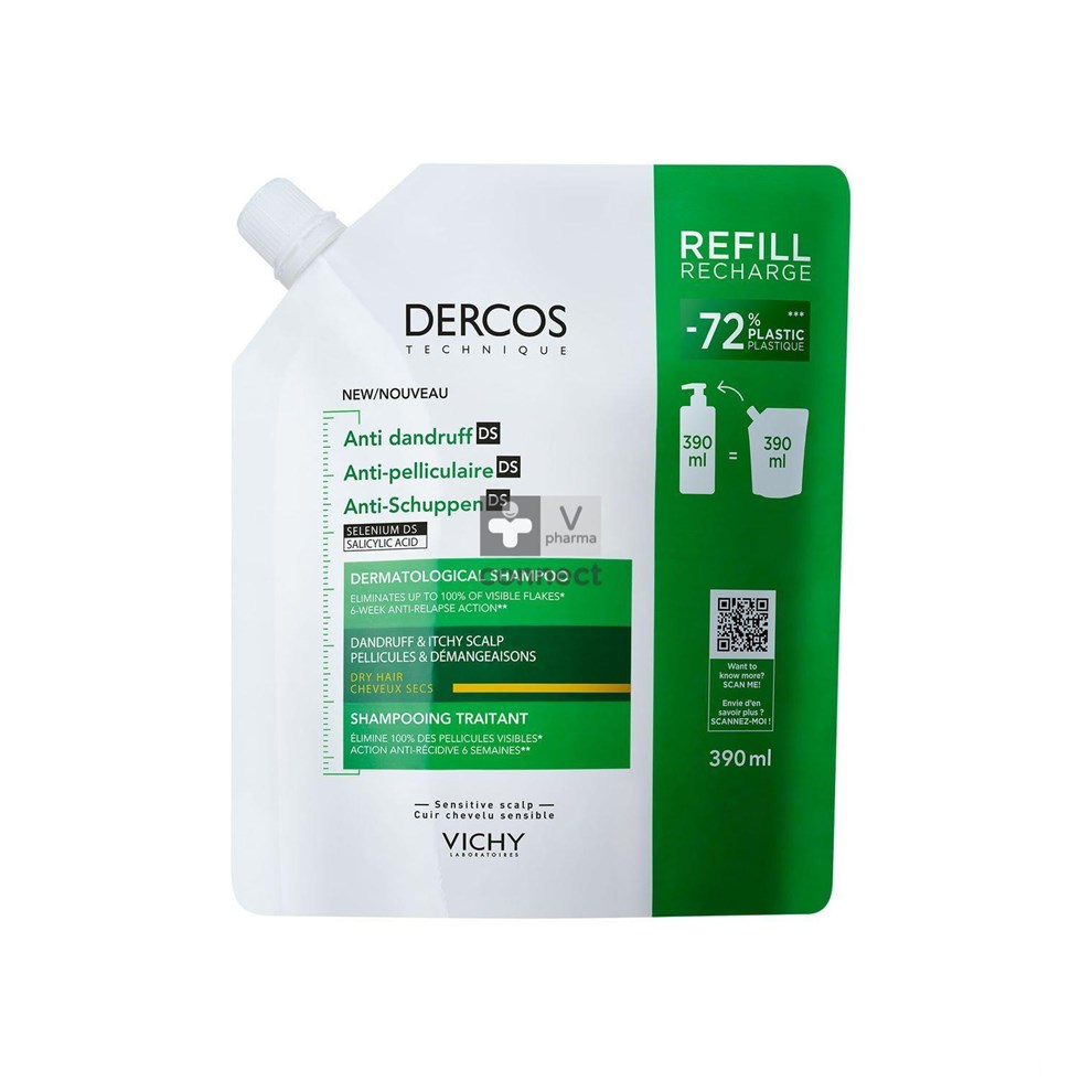 Dercos Shampoing Anti-Pelliculaire Cheveux Secs 390Ml Recharge