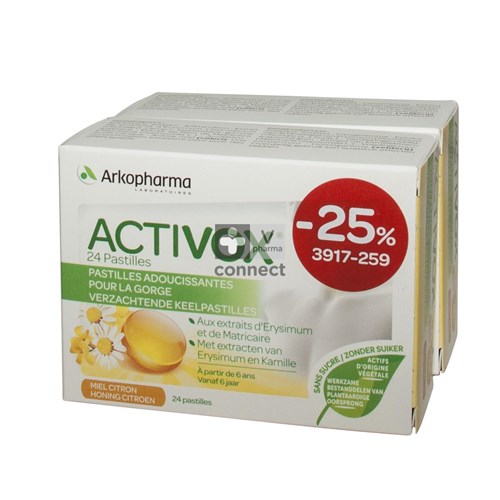 Activox Adouccissant Gorge Miel Citron Sans Sucre 2 x 24 Pastilles