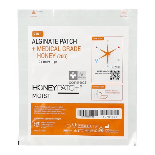 Honeypatch Moist Pansement d' Alginate Imprégné de Miel Médical 10 x 10 Cm