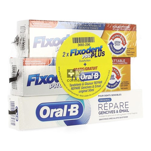 Fixodent Pro Plus Duo Action 2 x 40 g + Oral-B Dentifrice Repair 50 ml Gratuit