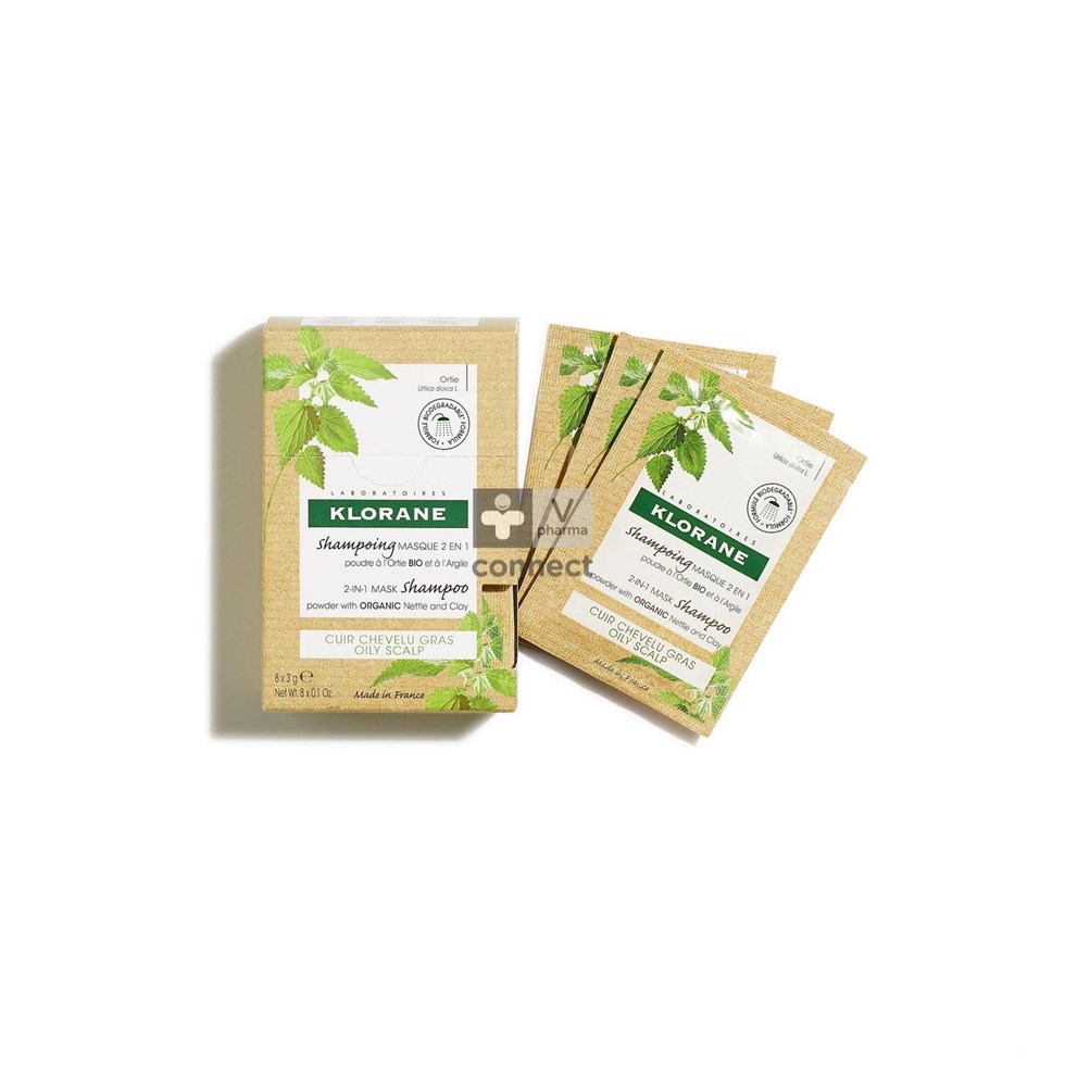 Klorane Shampooing Masque 2 en 1 Ortie Bio et Argile 8 Sachets