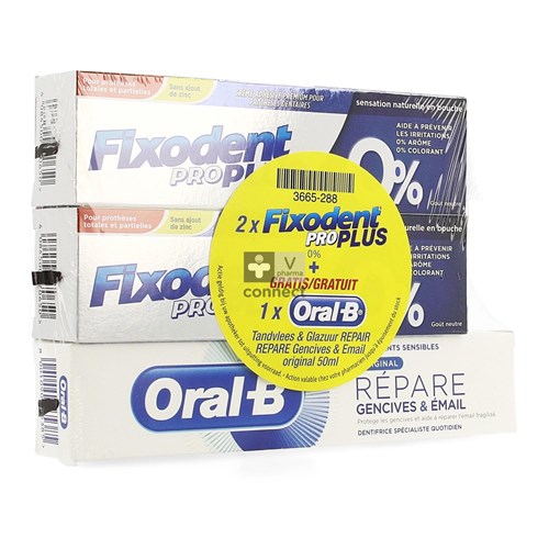 Fixodent Pro Plus 0% 2x40gr + Oral-b Repair 50ml