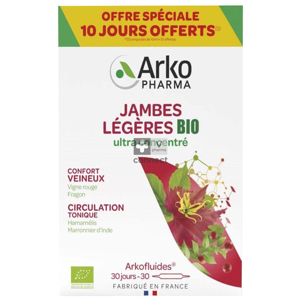 Arkofluide Jambes Légères Bio 20 ampoules + 10 jours gratuits